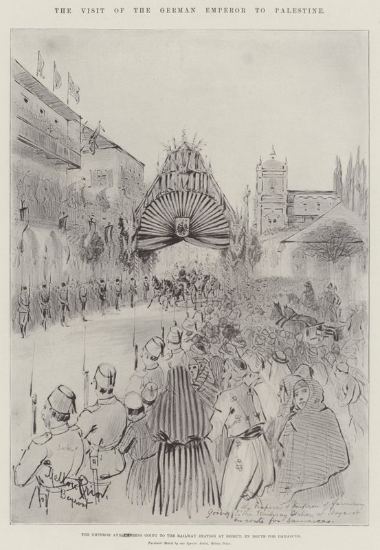 Der Besuch des deutschen Kaisers in Palästina, der Kaiser und die Kaiserin auf dem Weg zum Bahnhof in Beirut, auf dem Weg nach Damaskus von Melton Prior