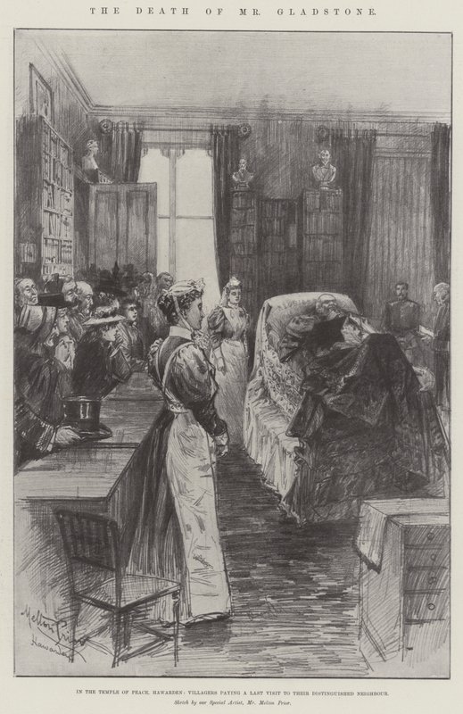 Der Tod von Mr. Gladstone, im Tempel des Friedens, Hawarden, Dorfbewohner besuchen ihren berühmten Nachbarn ein letztes Mal von Melton Prior