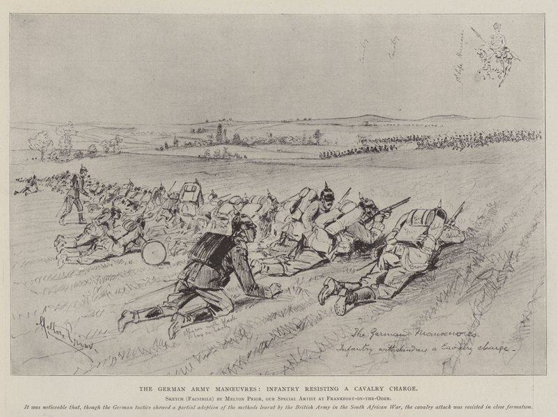 Die deutschen Armeemanöver, Infanterie widersteht einem Kavallerieangriff von Melton Prior