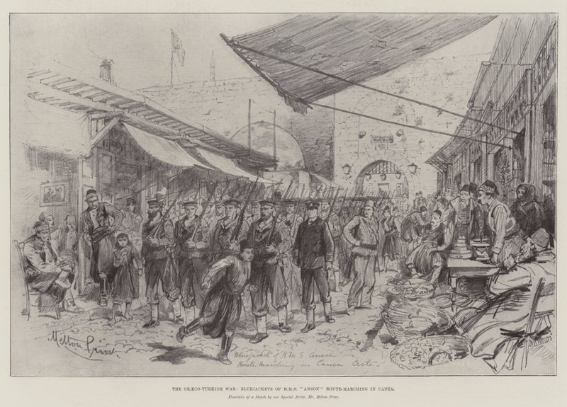Der Griechisch-Türkische Krieg, Matrosen der HMS Anson beim Marschieren in Canea von Melton Prior