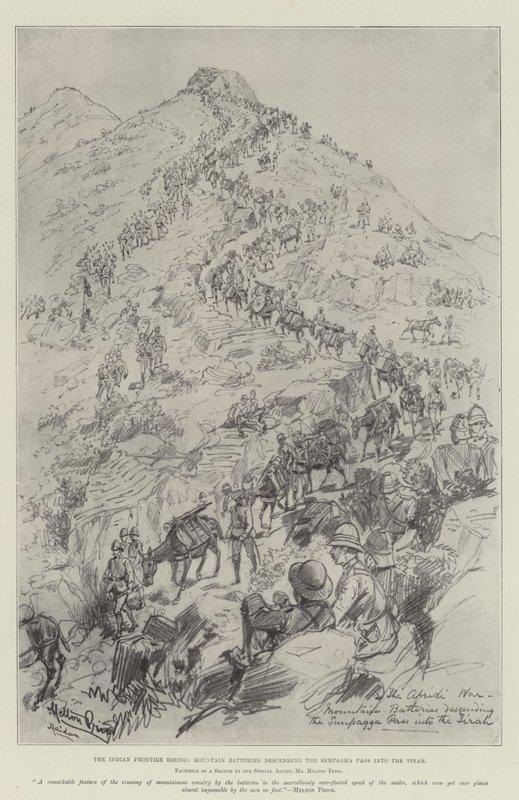 Der indische Grenzaufstand, Gebirgsbatterien steigen den Sempagha-Pass in das Tirah hinab von Melton Prior