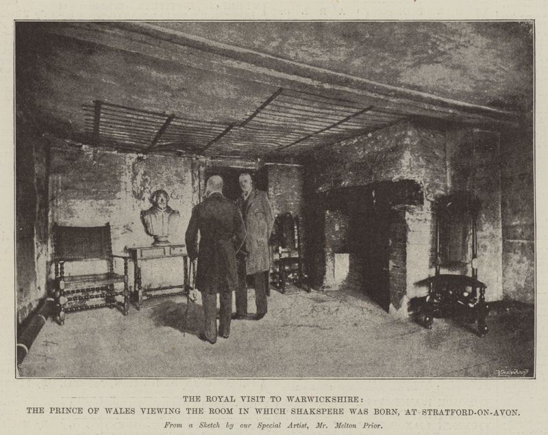 Der königliche Besuch in Warwickshire, der Prinz von Wales besichtigt das Zimmer, in dem Shakespeare geboren wurde, in Stratford-upon-Avon von Melton Prior