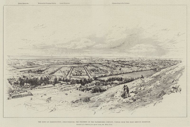 Die Stadt Doornfontein, Johannesburg, das Eigentum der Wasserwerksgesellschaft, vom Hochreservoir aus gesehen von Melton Prior