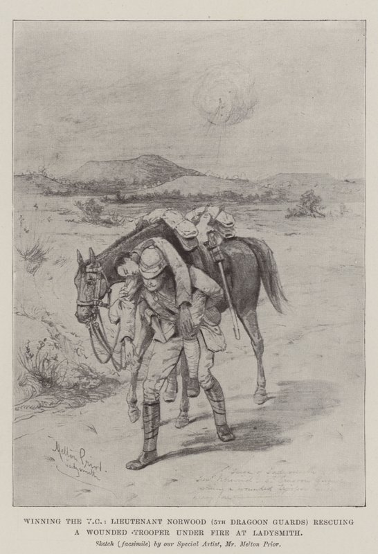 Gewinn des VC, Leutnant Norwood (5. Dragonerwache) rettet einen verwundeten Soldaten unter Beschuss in Ladysmith von Melton Prior