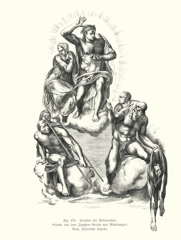 Christus der Richter, Detail aus Michelangelos Jüngstem Gericht, Gemälde an der Altarwand der Sixtinischen Kapelle, Petersdom, Rom, Italien von Michelangelo (after) Buonarroti
