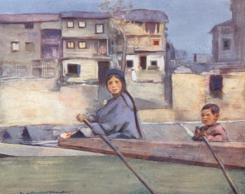 Kinder der Welt: Kaschmir, Auf dem Fluss Jhelum (Farblithografie) von Mortimer Ludington Menpes