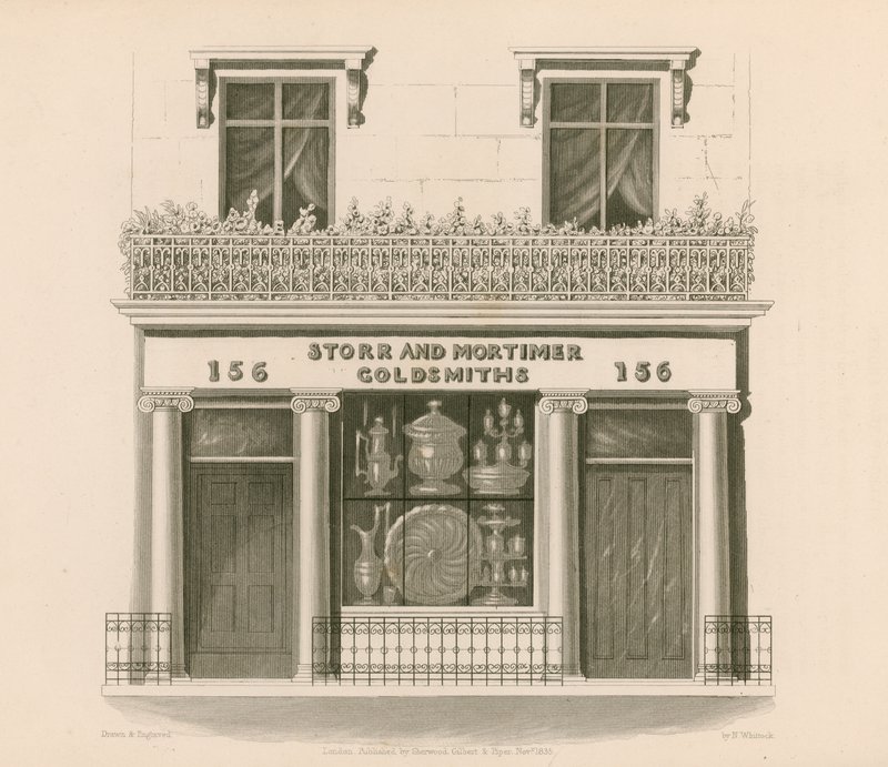 Ionic Stil Ladenfront von Messrs Storr und Mortimer, Goldschmiede und Juweliere, Nr. 156, Bond Street, London von Nathaniel Whittock