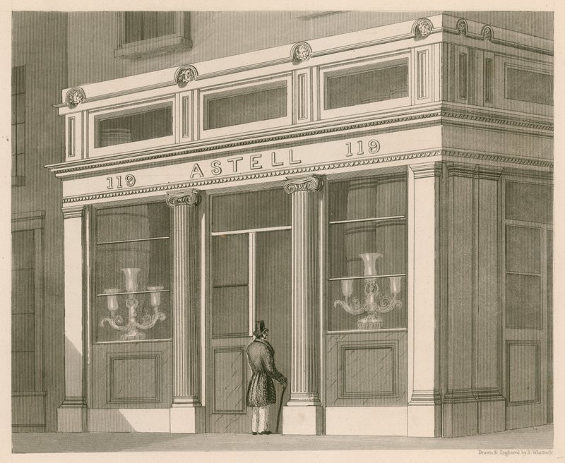 Ladenfront für Astell, Wein- und Spirituosenlager, Grafton Street, Tottenham Court Road von Nathaniel Whittock
