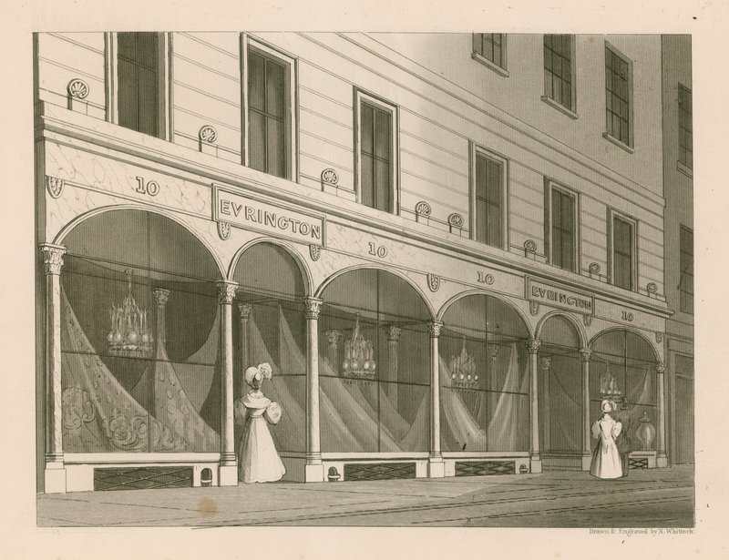 Ladenfront für Messrs Everington, India Shawl Warehouse, 10 Ludgate Street, London von Nathaniel Whittock
