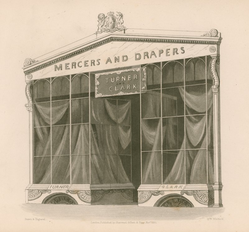 Ladenfront für Messrs Turner und Clark, Mercers und Drapers, Coventry Street, London von Nathaniel Whittock