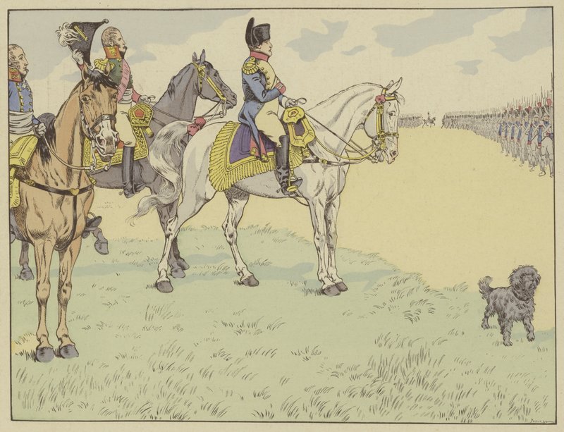 Napoleon überprüft die französische Armee nach der Unterzeichnung der Verträge von Tilsit, 7. Juli 1807 von Onfray de Breville Job