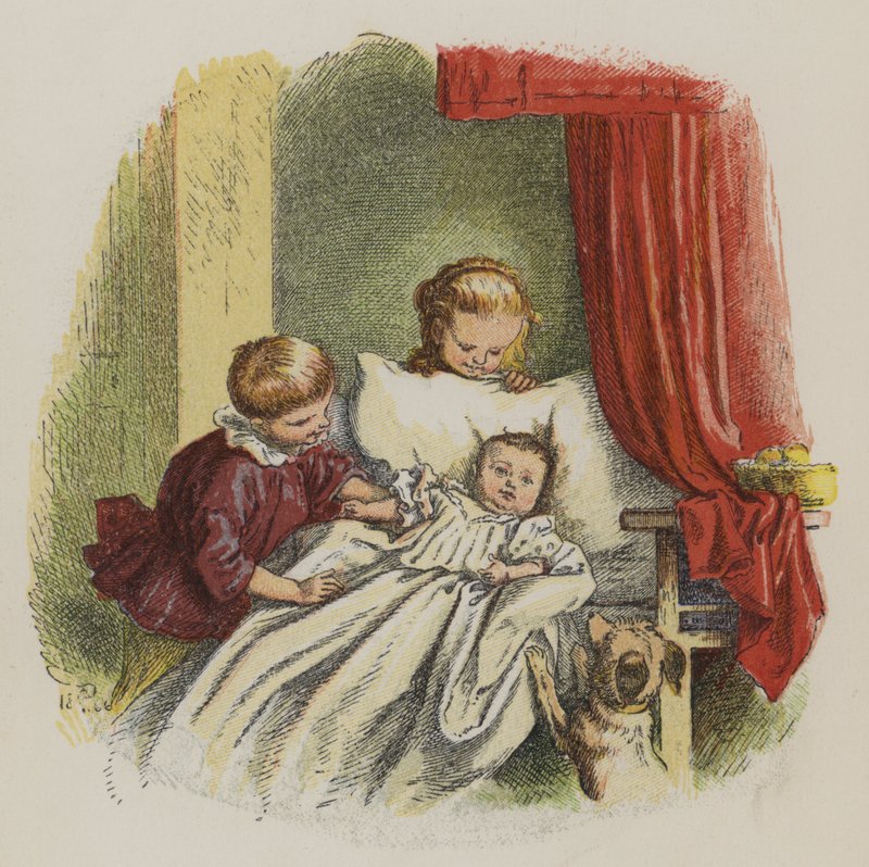 Junge und Mädchen beobachten ein Baby (Farblithografie) von Oskar Pletsch