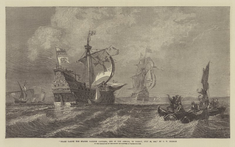 Drake nimmt die spanische Galeone Capitana, eines der Armada-Schiffe, nach Torbay, 22. Juli 1588, in der Ausstellung der Society of Painters in Water-Colours von Oswald Walters Brierly