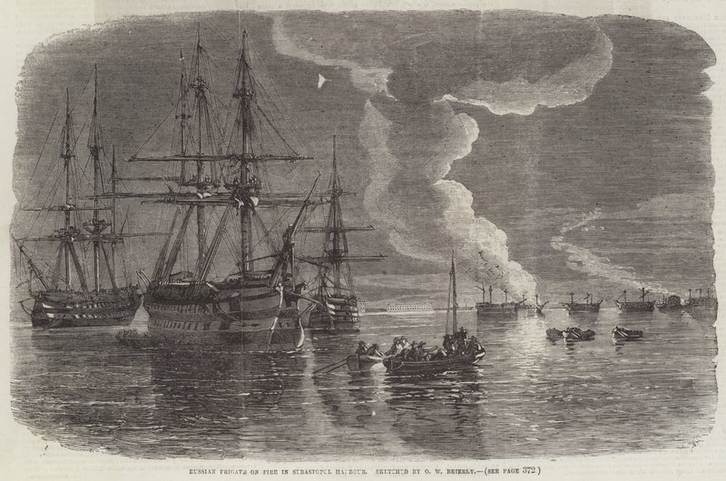 Russische Fregatte brennt im Hafen von Sewastopol von Oswald Walters Brierly