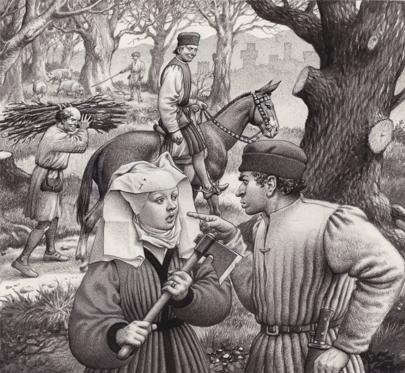 Eine Frau gerät in Schwierigkeiten, als sie einen Ast eines Baumes absägt von Pat (1907 95) Nicolle