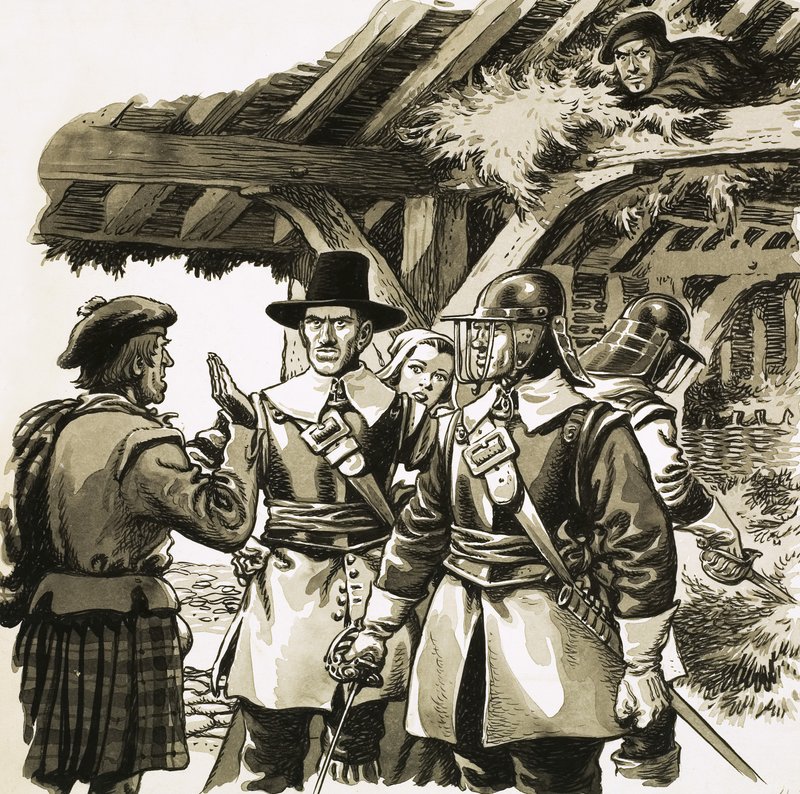 Versteckt in einem Heuboden eines Kleinbauern, lauschte der Marquis von Montrose, während Soldaten nach ihm suchten von Pat (1907 95) Nicolle