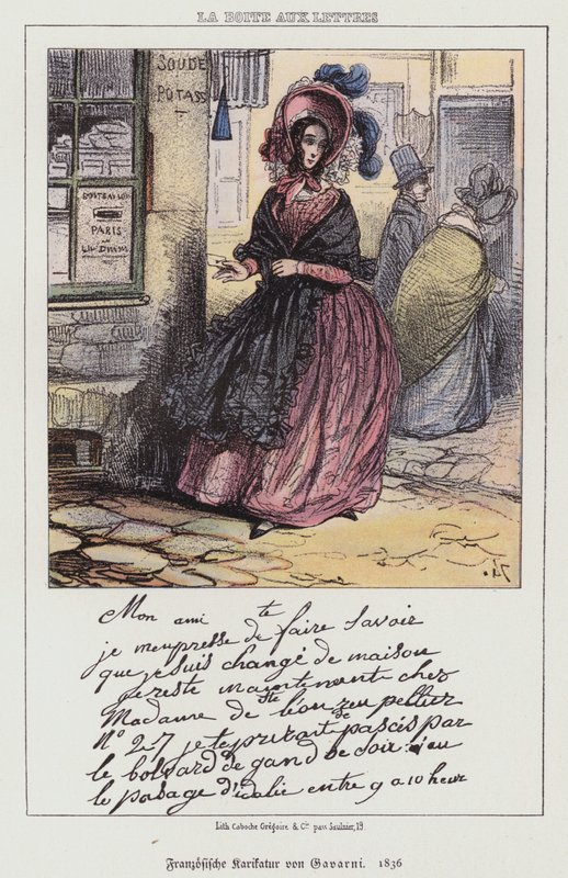 Frau geht einen Brief einwerfen, französische Karikatur von Paul (after) Gavarni