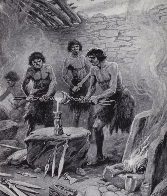 Männer, die während der Bronzezeit in einer Gießerei arbeiten (Lithografie) von Paul (after) Hardy