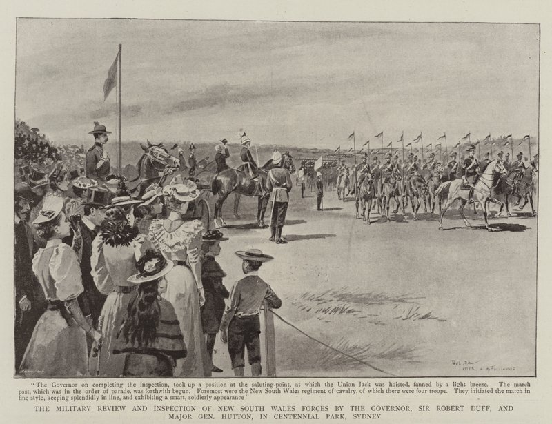 Die Militärparade und Inspektion der Streitkräfte von New South Wales durch den Gouverneur Sir Robert Duff und Generalmajor Hutton im Centennial Park, Sydney von Paul Destez