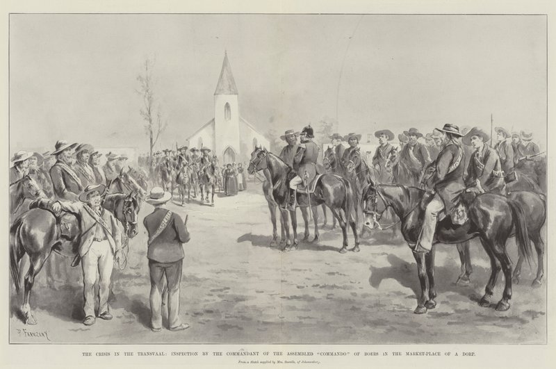 Die Krise im Transvaal, Inspektion durch den Kommandanten des versammelten Kommandos der Buren auf dem Marktplatz eines Dorfs von Paul Frenzeny