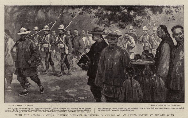 Mit den Alliierten in China, chinesische Messdiener beim Einkaufen unter bewaffneter Eskorte in Shan-hai-Quan von Percy F.S. Spence