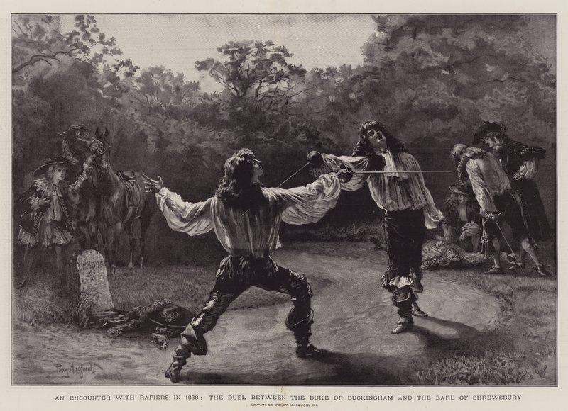 Ein Duell mit Rapieren im Jahr 1668, das Duell zwischen dem Herzog von Buckingham und dem Earl of Shrewsbury von Percy Macquoid