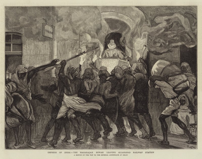 Kaiserin von Indien, der Maharadscha Rewah verlässt den Bahnhof von Allahabad von Percy Macquoid