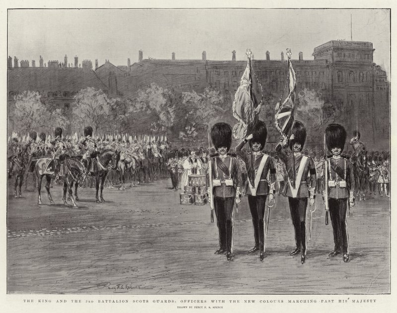 Der König und das 3. Bataillon der Scots Guards, Offiziere mit den neuen Farben marschieren an Seiner Majestät vorbei von Percy F.S. Spence