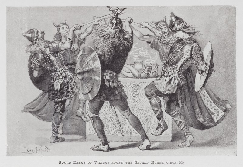 Tanzen: Schwerttanz der Wikinger um die heiligen Hörner, ca. 900 von Percy Macquoid