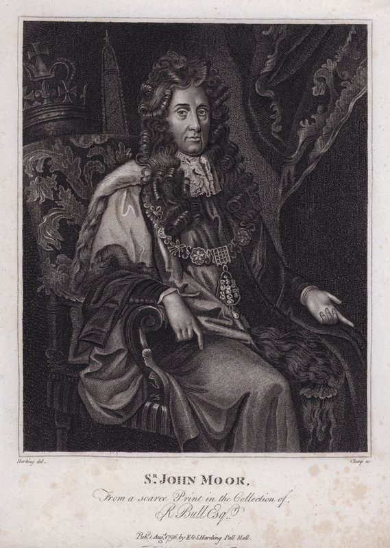 Sir John Moore, englischer Politiker, Abgeordneter und Lord Mayor von London (Stich) von Peter (after) Lely