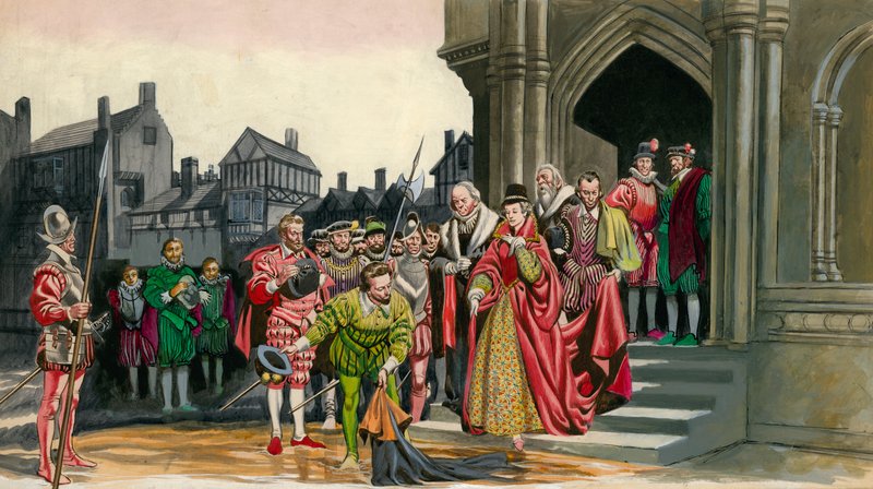 Sir Walter Raleigh legt seinen Mantel für Königin Elisabeth I. nieder von Peter Jackson