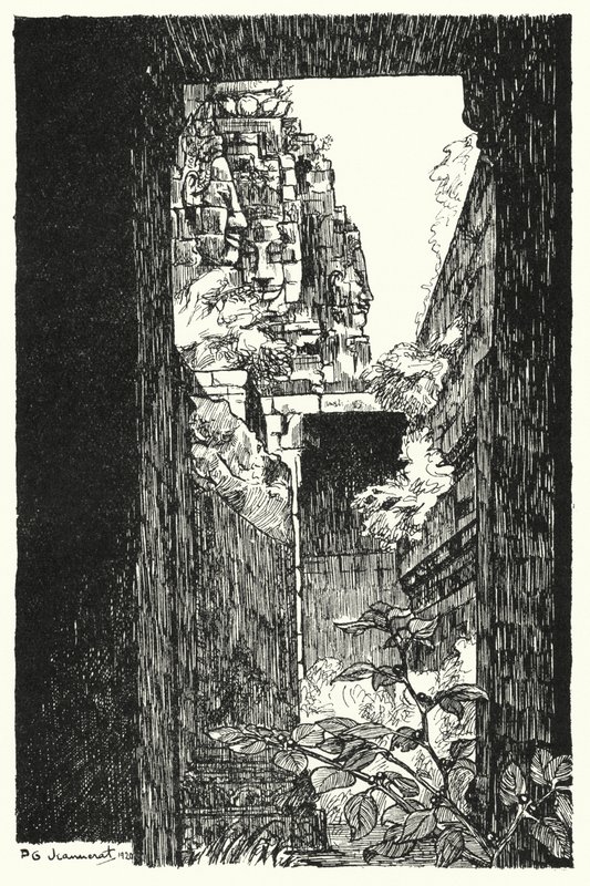 Im Bayon, Blick durch ein eingestürztes Dach (Gravur) von Pierre Jeannerat de Beerski
