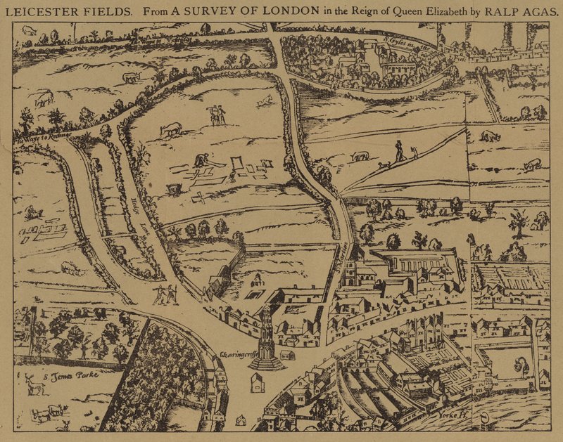 Leicester Fields, aus einer Vermessung von London in der Regierungszeit von Königin Elizabeth von Ralph Agas von Ralph Agas