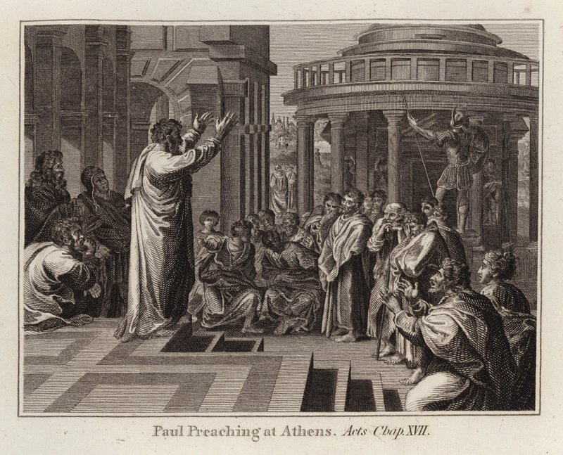 Raphael-Karton: Paulus predigt in Athen, Apostelgeschichte, Kapitel XVII (Gravur) von after Raphael