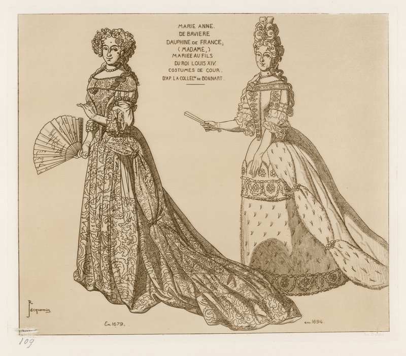 Hofkostüme. Marie Anne de Baviere, Dauphine von Frankreich, verheiratet mit dem Sohn von König Ludwig XIV. Nach einem Kunstwerk in der Sammlung von Bonnart. von Raphael Jacquemin
