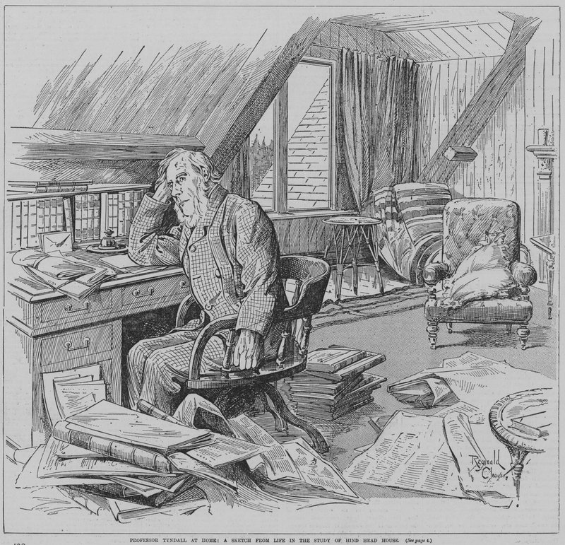 Der englische Physiker John Tyndall in seinem Arbeitszimmer, Hindhead House, Haslemere, Surrey (Gravur) von Reginald Thomas Cleaver