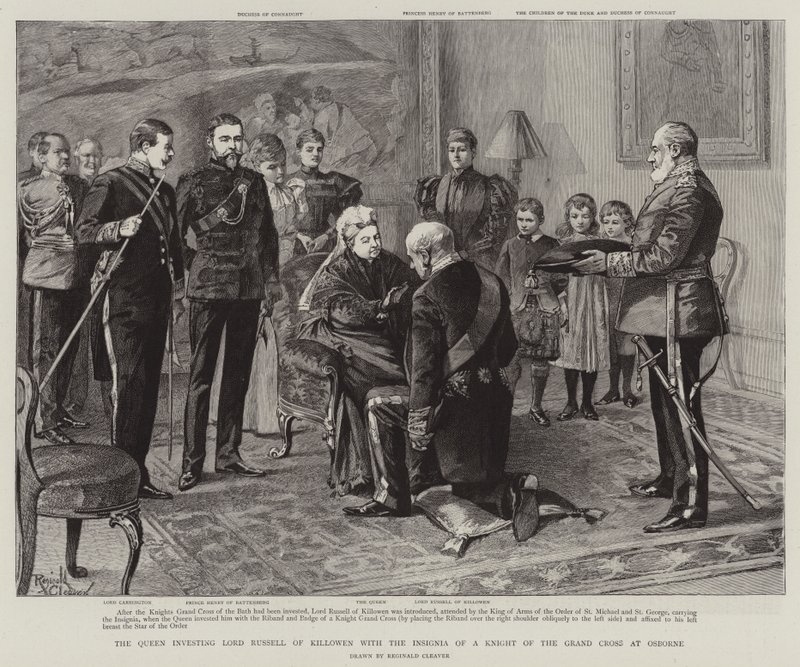 Die Königin verleiht Lord Russell von Killowen die Insignien eines Ritters des Großkreuzes in Osborne von Reginald Thomas Cleaver