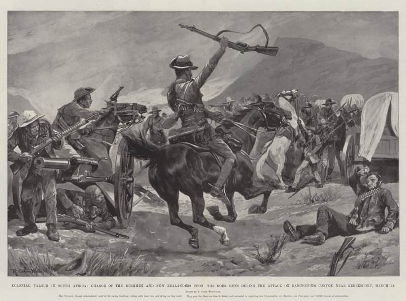 Kolonialer Mut in Südafrika, Angriff der Bushmen und Neuseeländer auf die Burenkanonen während des Angriffs auf Babingtons Konvoi in der Nähe von Klerksdorp, 24. März von Richard Caton Woodville junior