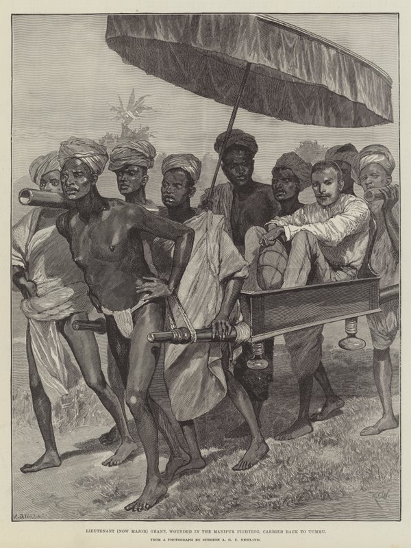Leutnant (jetzt Major) Grant, verwundet im Manipur-Kampf, zurückgetragen nach Tummu von Richard Caton Woodville junior