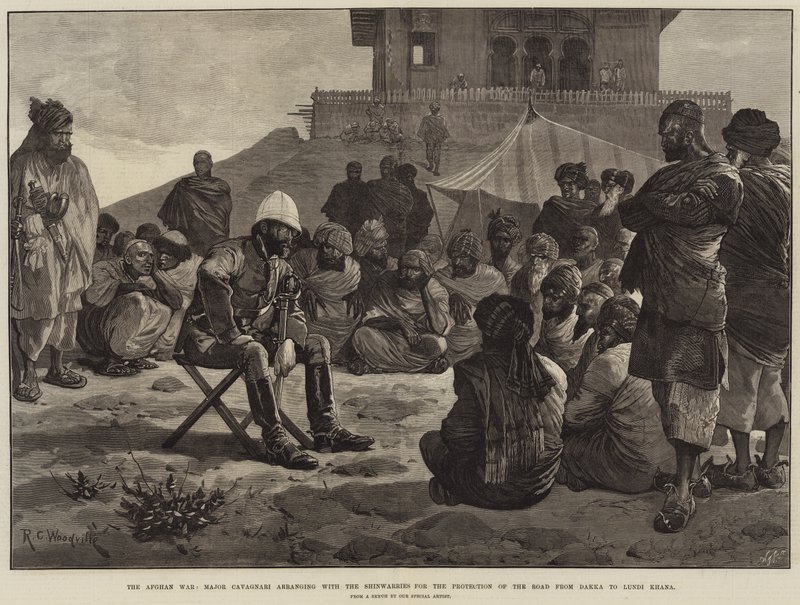 Der afghanische Krieg, Major Cavagnari arrangiert mit den Shinwarries den Schutz der Straße von Dakka nach Lundi Khana von Richard Caton Woodville junior