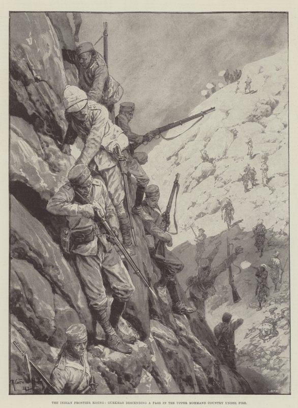Der Aufstand an der indischen Grenze, Gurkhas steigen unter Beschuss einen Pass im oberen Mohmand-Gebiet hinab von Richard Caton Woodville junior