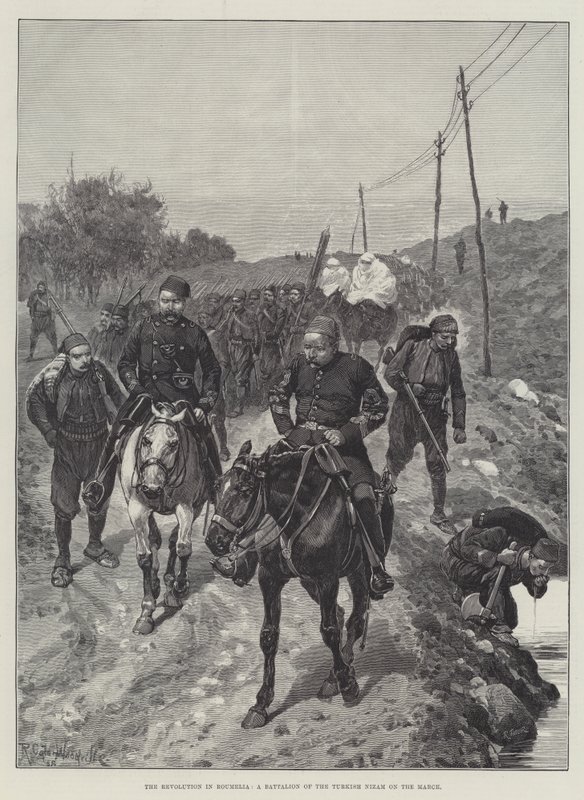 Die Revolution in Rumelien, ein Bataillon der türkischen Nizam auf dem Marsch von Richard Caton Woodville junior