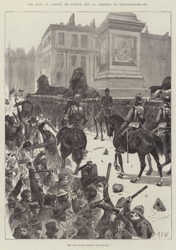 Die Unruhen in London am Sonntag, 13. November, Verteidigung des Trafalgar Square von Richard Caton Woodville junior
