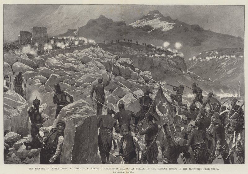 Die Unruhen auf Kreta, christliche Aufständische verteidigen sich gegen einen Angriff der türkischen Truppen in den Bergen bei Canea von Richard Caton Woodville junior