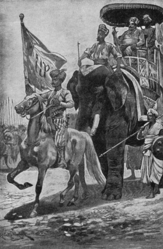 Surajah-Dowlah, auf einem Elefanten reitend, bereitet sich darauf vor, Robert Clive in Plassey zu treffen von Richard Caton II Woodville