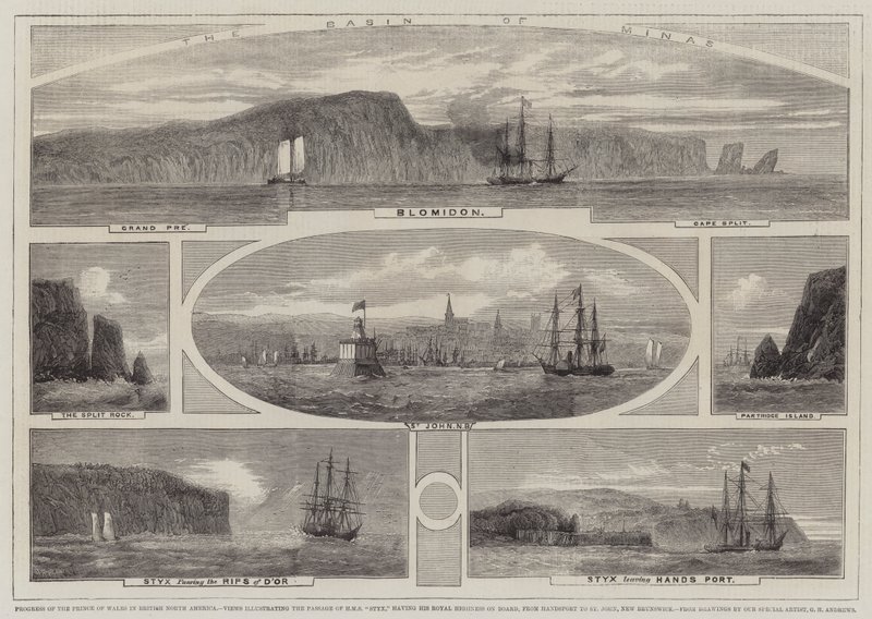 Fortschritt des Prinzen von Wales in Britisch-Nordamerika, Ansichten, die die Passage der HMS Styx mit Seiner Königlichen Hoheit an Bord von Handsport nach St. John, New Brunswick, illustrieren von Richard Principal Leitch