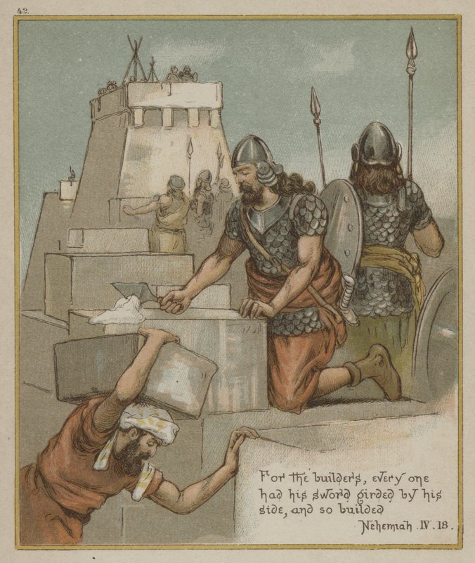 Bauarbeiter, jeder mit seinem Schwert an der Seite von Richard Andre