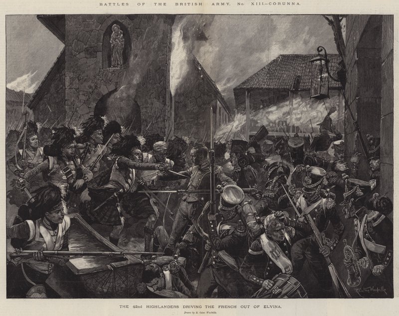 Schlachten der britischen Armee, Corunna, die 42. Highlander vertreiben die Franzosen aus Elvina von Richard Caton Woodville junior