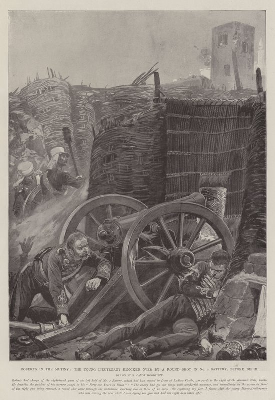 Roberts im Aufstand, der junge Leutnant von einer Kanonenkugel in Batterie Nr. 2 vor Delhi niedergeschlagen von Richard Caton Woodville junior