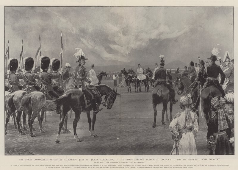 Die große Krönungsparade in Aldershot, 16. Juni, Königin Alexandra, in Abwesenheit des Königs, überreicht Fahnen an das 2. Highland Light Infantry von Richard Caton Woodville junior